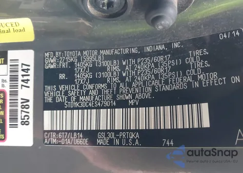 2014 Toyota Sienna Xle V6 8 Passenger z USA, uszkodzony, nr VIN 5TDYK3DC4ES479014